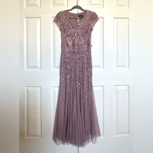 (NEW) Adrianna Papell beaded gown with godets, size 2, cameo (light plum)